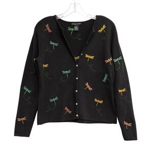 VTG Eagles Eye Grandma Sweater Black Embroidered Dragonfly Cardigan W Sz M 90s